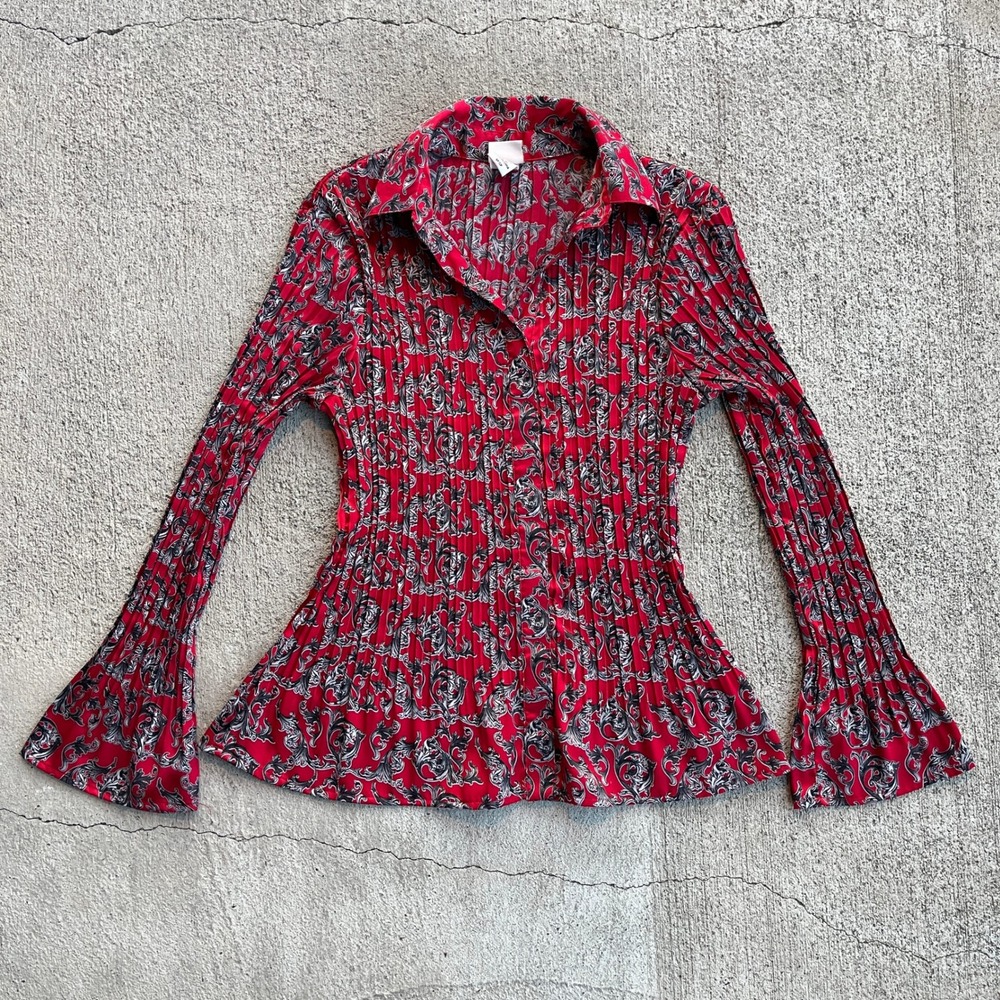 Covington Petite Women's Red Print Pleated Bell Sleeve Blouse Size SP - Picture 1 of 7